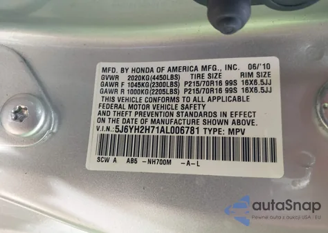 2010 Honda Element Ex из США, поврежденный, VIN 5J6YH2H71AL006781